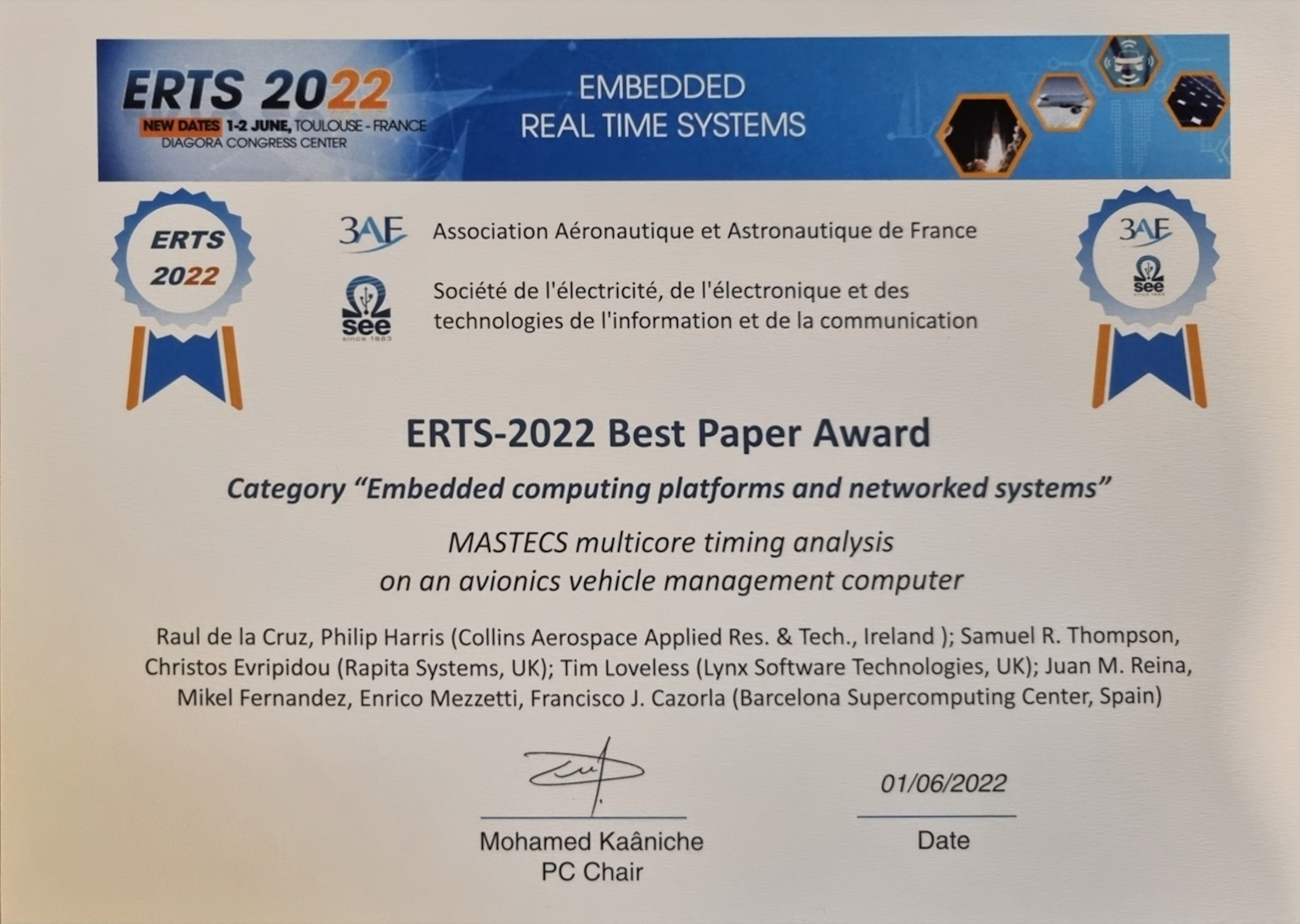 Multicore research from Collins, Lynx, Rapita and BSC wins Best Paper Award at ERTS 2022