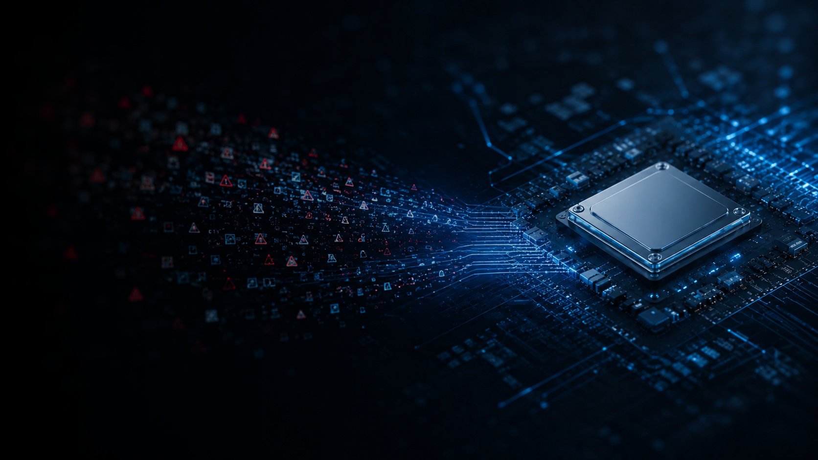 Holographic software composition layers rising from an embedded Linux processor to represent SBOM evidence, release visibility, and product traceability.