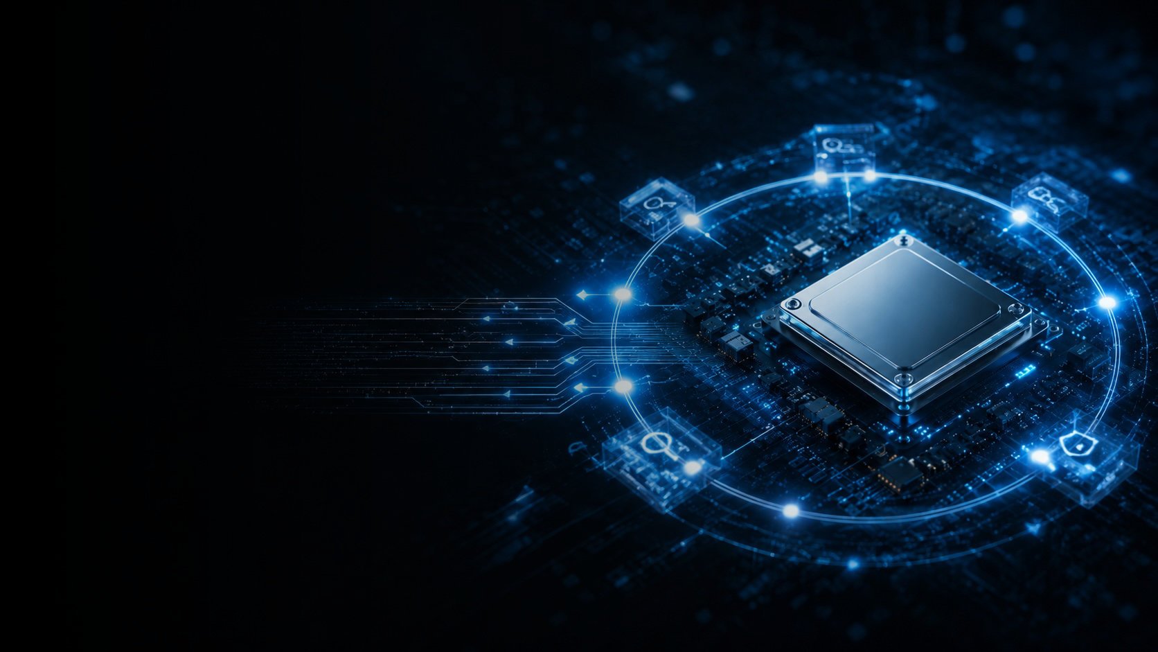 Stylized embedded Linux processor on a circuit board showing lifecycle maintenance and security signals around a connected device platform.