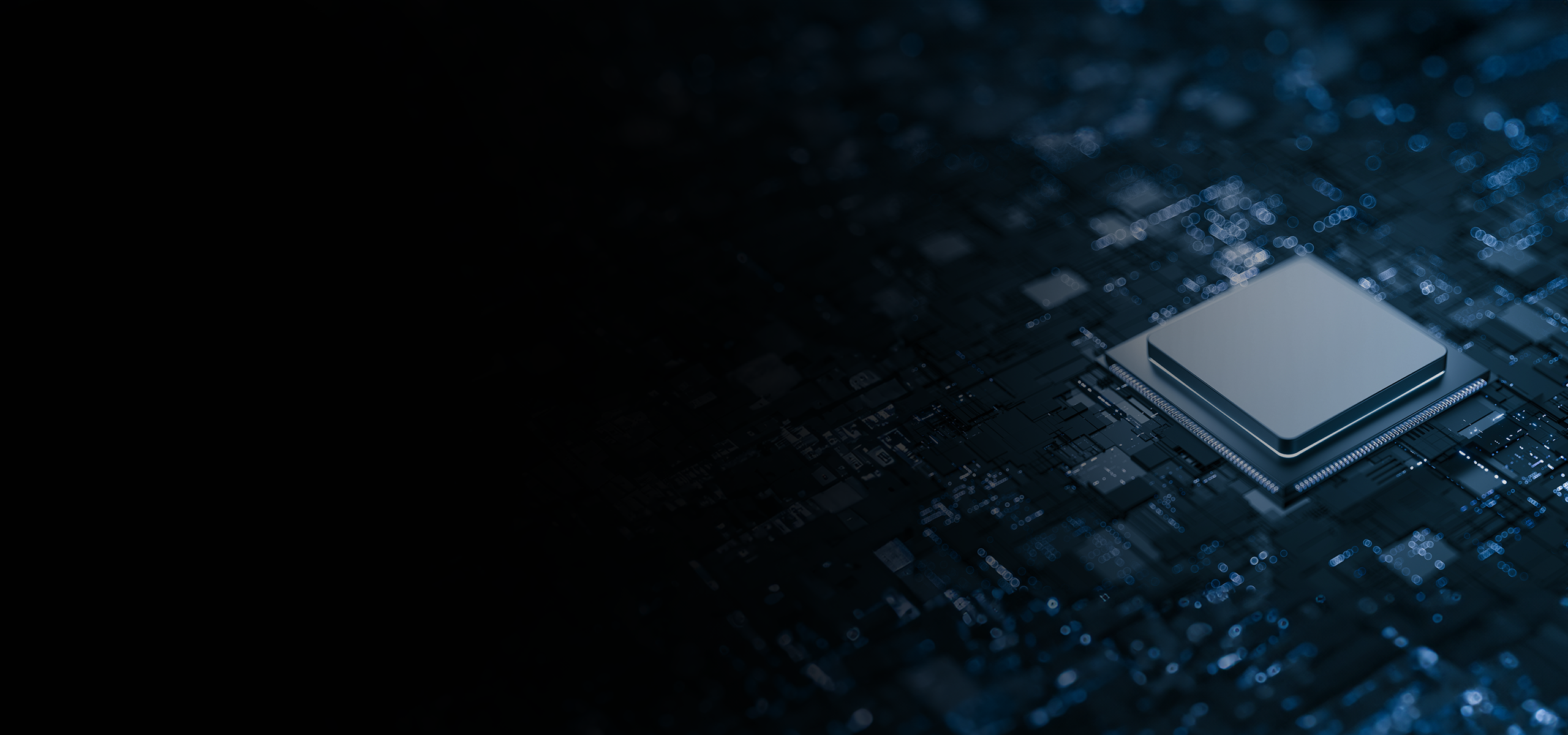 Blue system-on-chip on a dark technical background