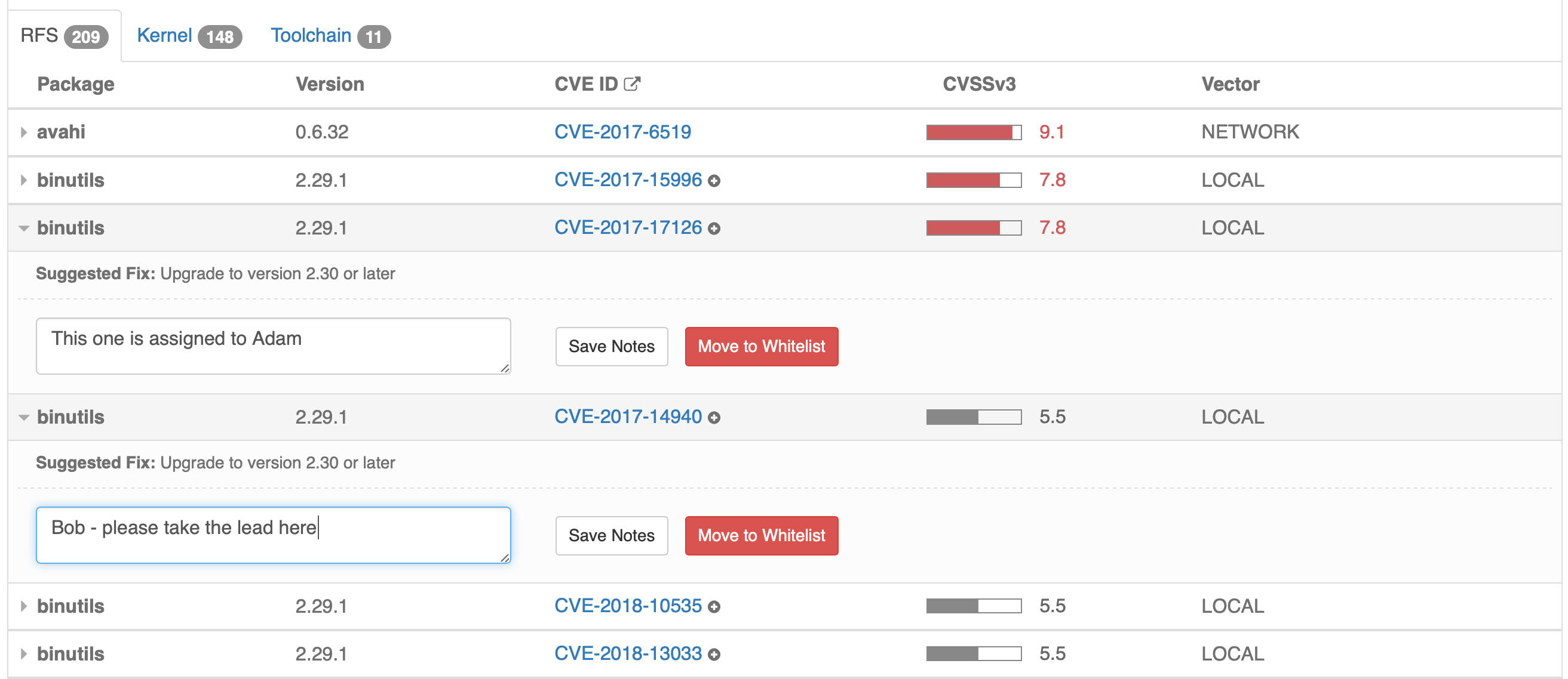 The Vigiles vulnerability management dashboard permits easy communication and collaboration among team members to triage vulnerabilities and coordinate plans to address them